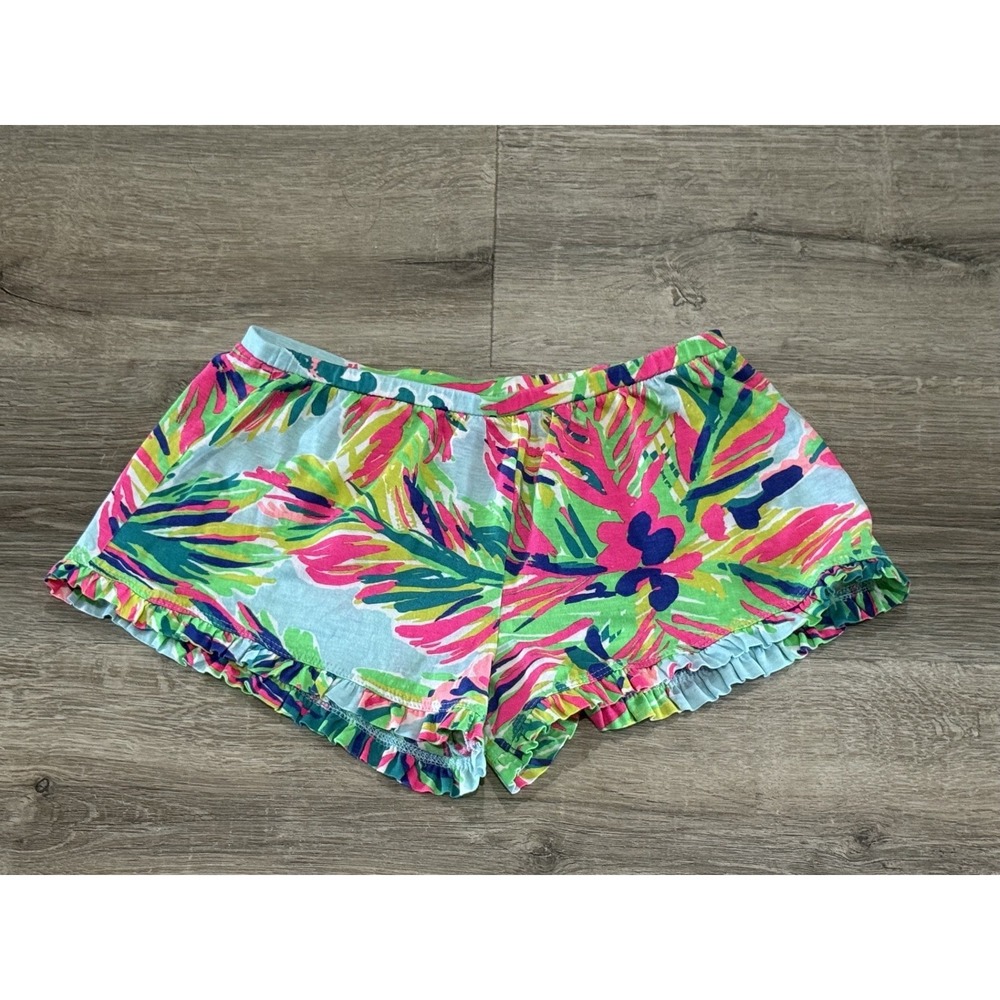 Lilly Pulitzer Girls Large 8-10 Cotton Ruffle Hem Tropical Floral Lounge Shorts